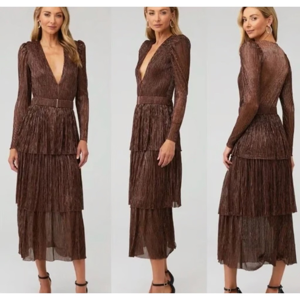 Sabina Musayev Bronze long tiered long sleeve dress with Plunge Neckline